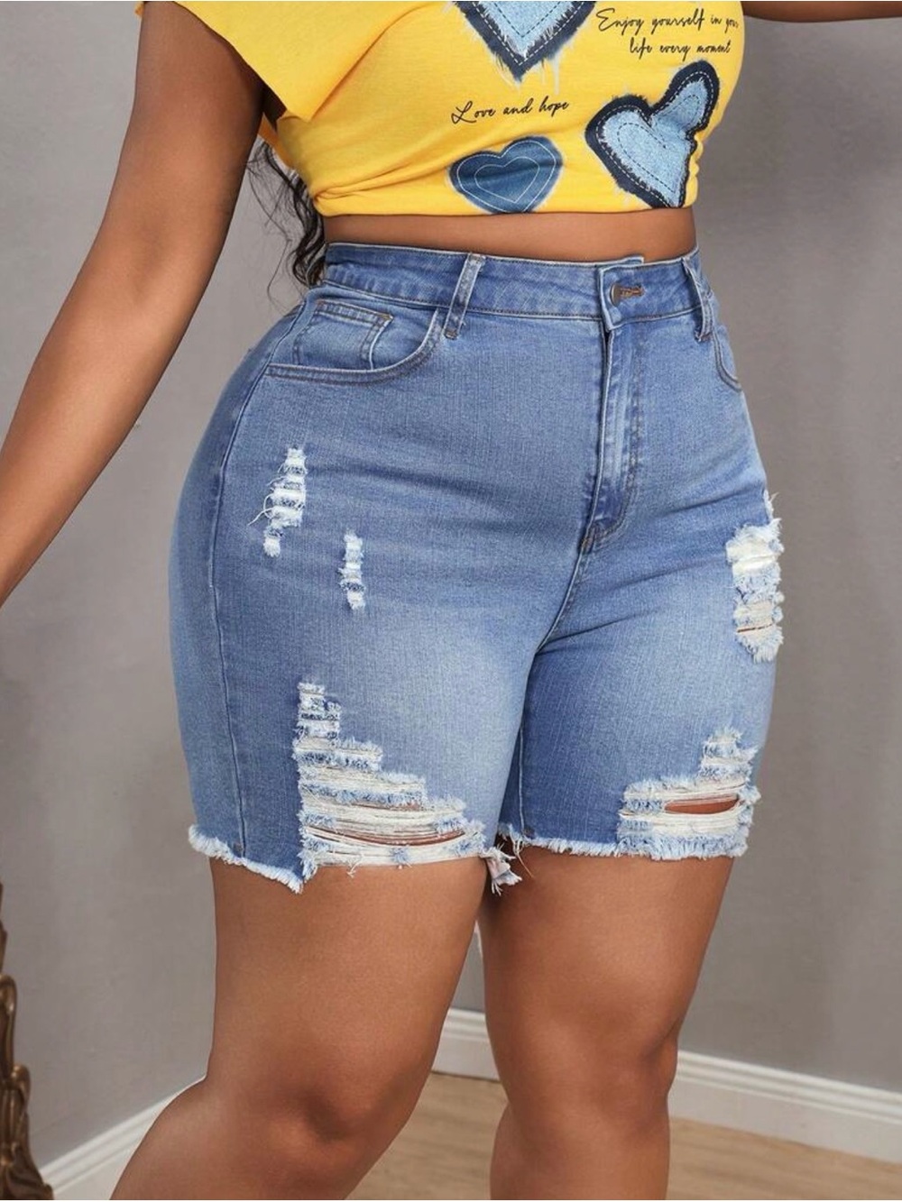SHEIN Light Blue High-Rise Distressed Denim Shorts